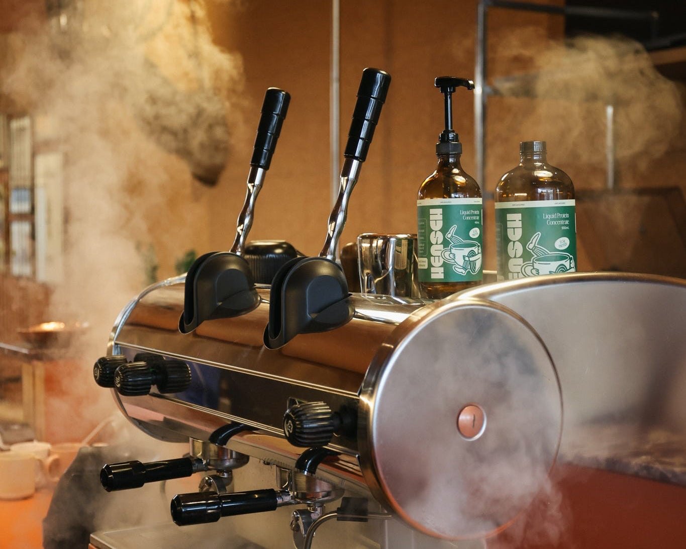 Hensch bottles on a cafe espresso machine